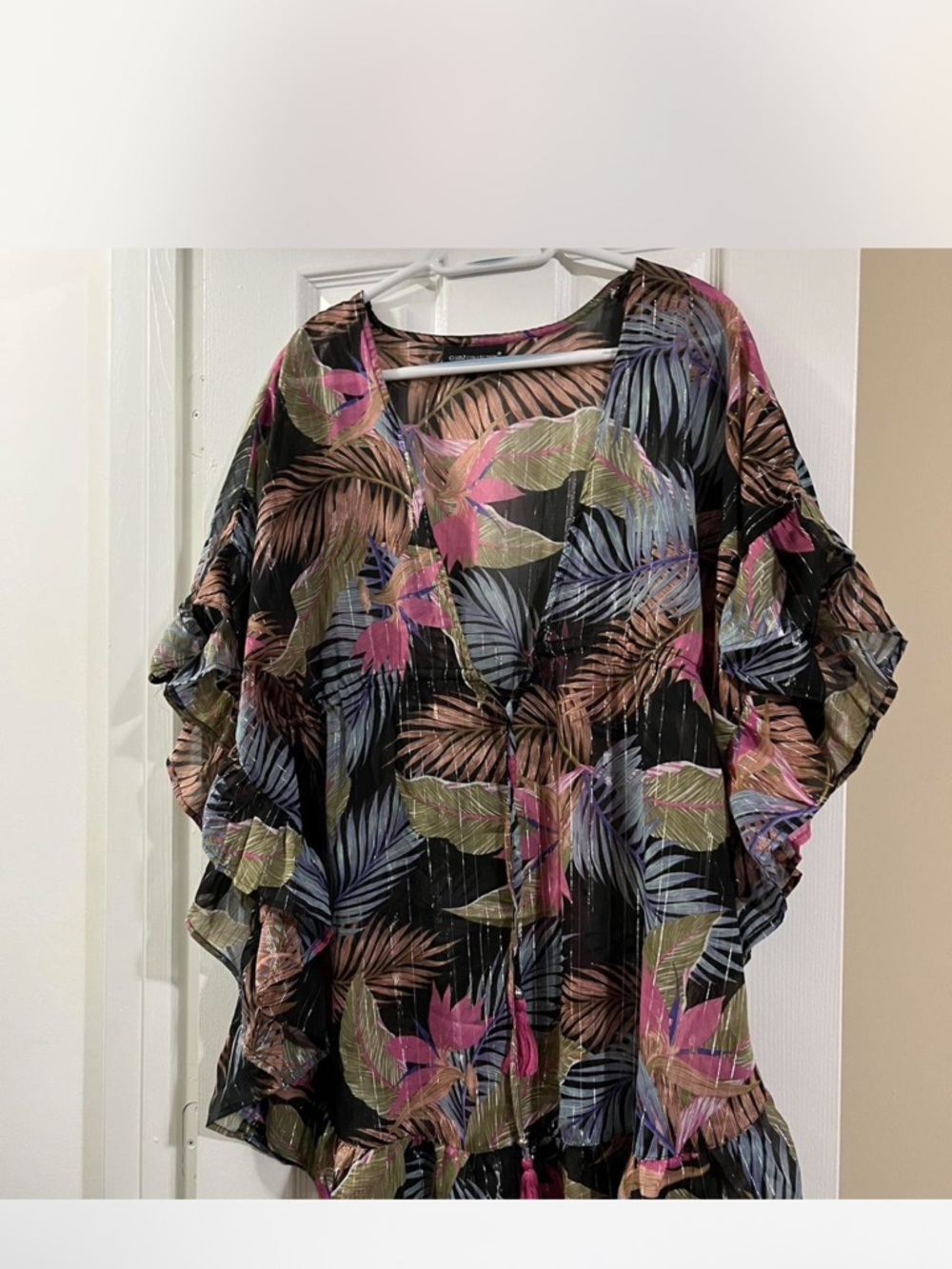 Club Z Tropical Leaf Print Sheer Kimono Cover-Up - Black with Pink & Green